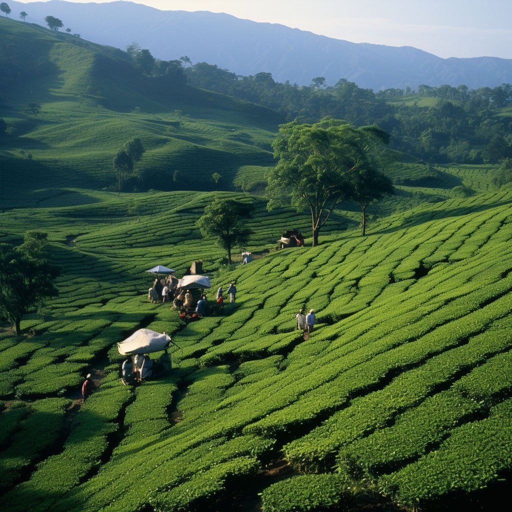 A picture of a tea plantation in Pakistan, showing the tea plants and possibly workers picking the leaves.