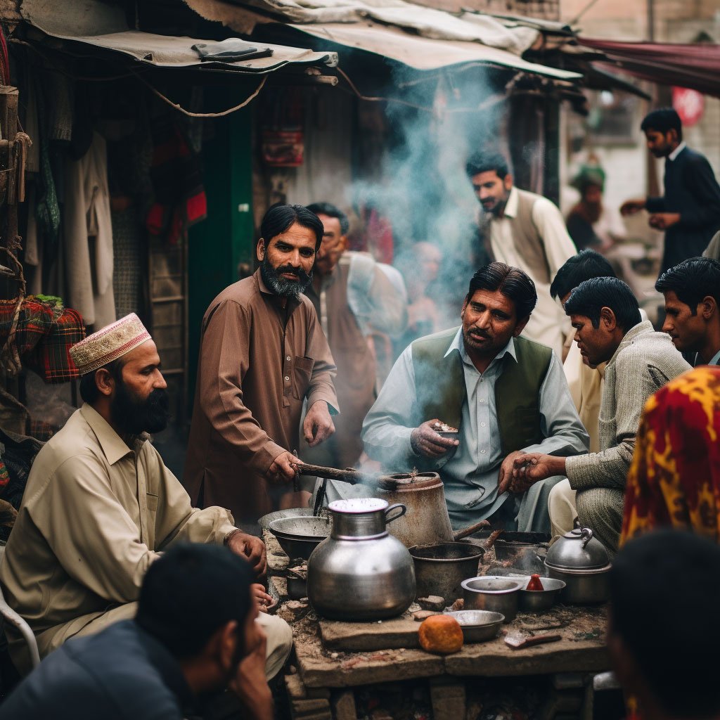 A picture of a traditional Pakistani chai dhaba or tea stall, with people gathered around, sipping chai and engaging in conversation.