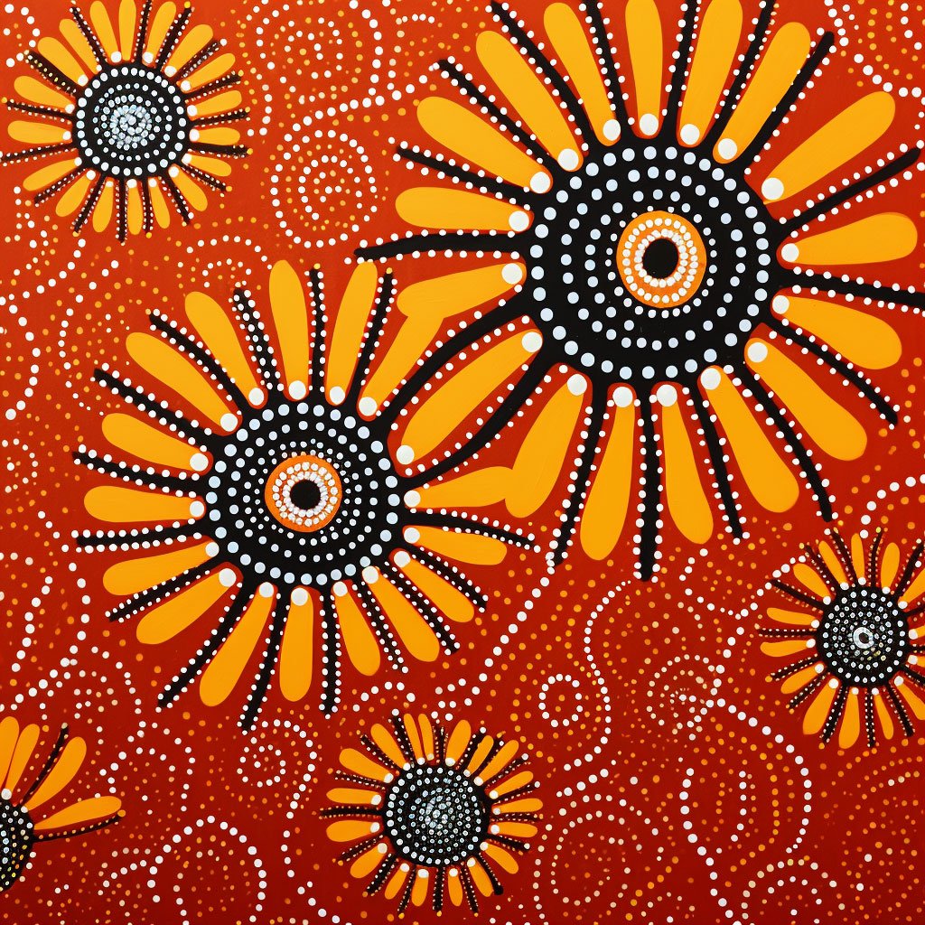 A picture of traditional Aboriginal art from the Tiwi Design Aboriginal Corporation in the Northern Territory, showcasing the unique blend of traditional Tiwi motifs and modern artistic styles.