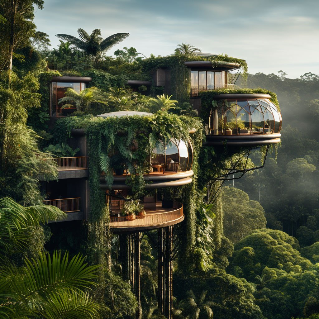 A picturesque image of a sustainable treehouse lodge nestled in a lush Australian rainforest, symbolizing the harmonious blend of comfort and conservation central to eco-friendly travel. 