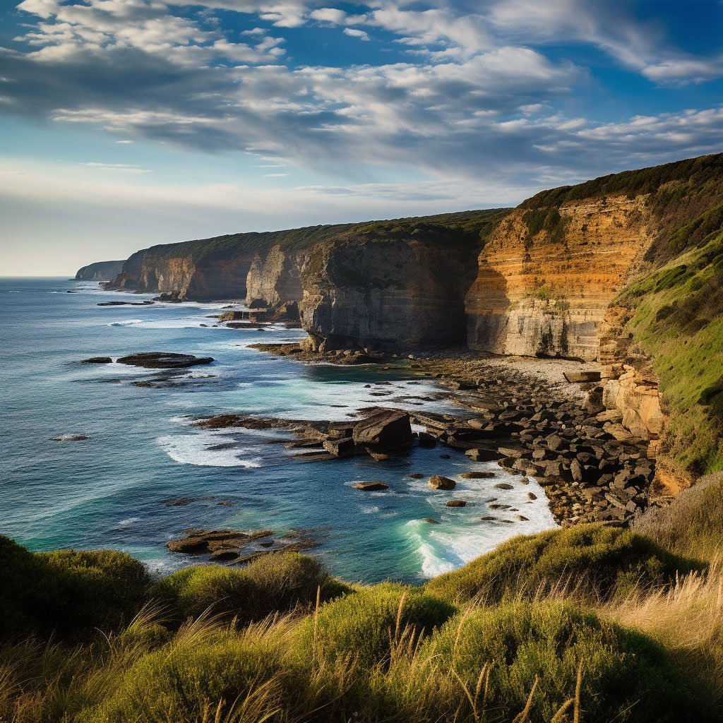 A scenic view of the rugged coastline and towering cliffs of Great Otway National Park.