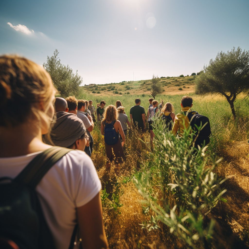 A shot of a group participating in an eco-tourism activity in Portugal, such as a guided nature walk or a sustainable farming experience.