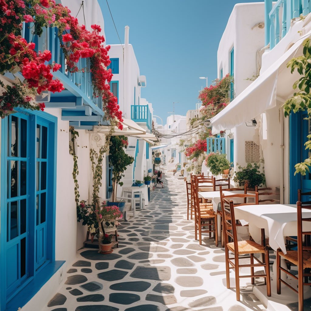 A street scene in Mykonos, showcasing the island's vibrant atmosphere.
