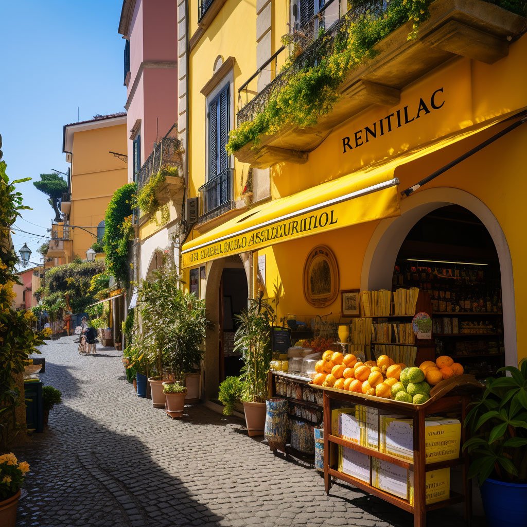 A street scene in Sorrento, perhaps featuring a limoncello shop.