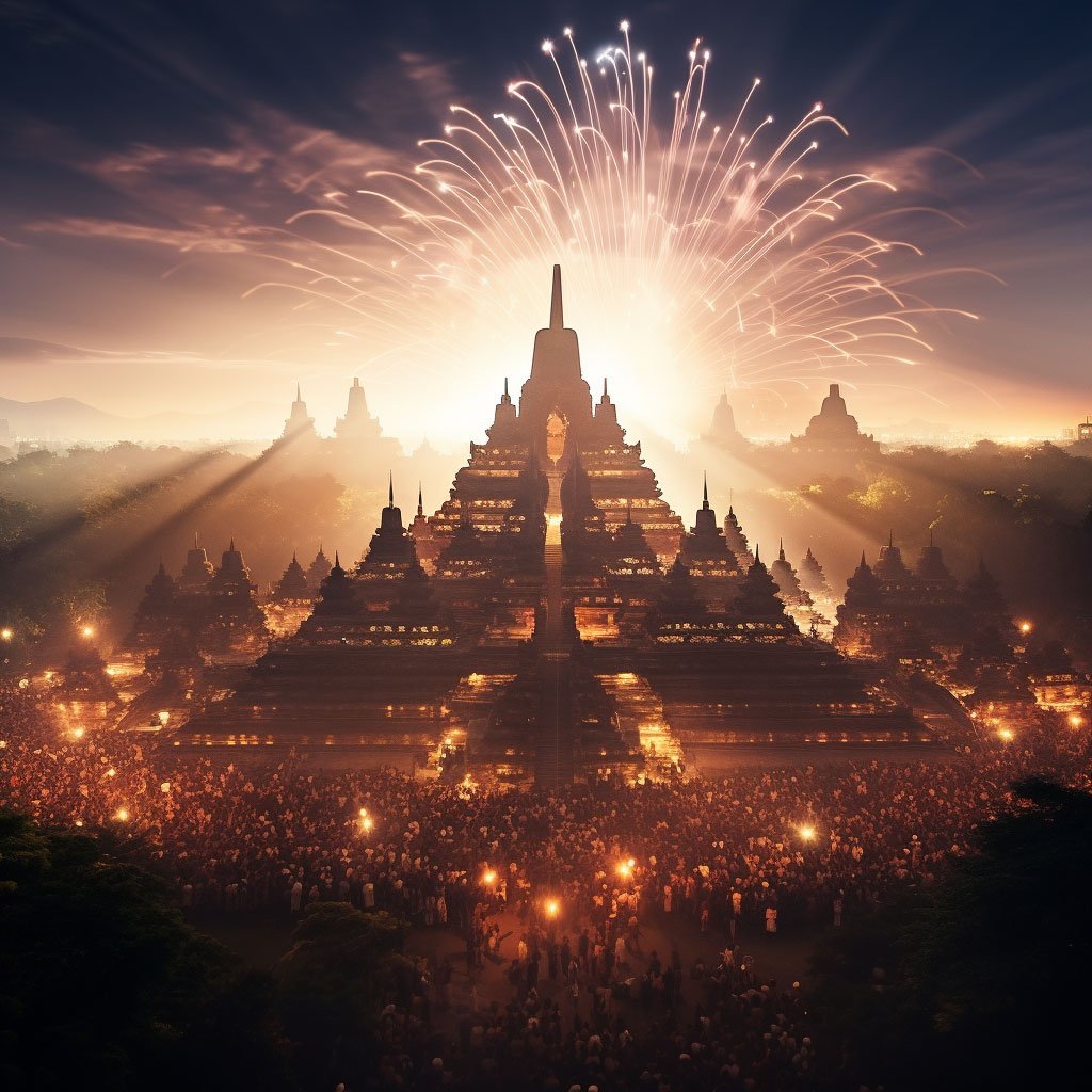 A stunning shot of the Borobudur temple, preferably taken during the Waisak festival when the temple is beautifully illuminated.