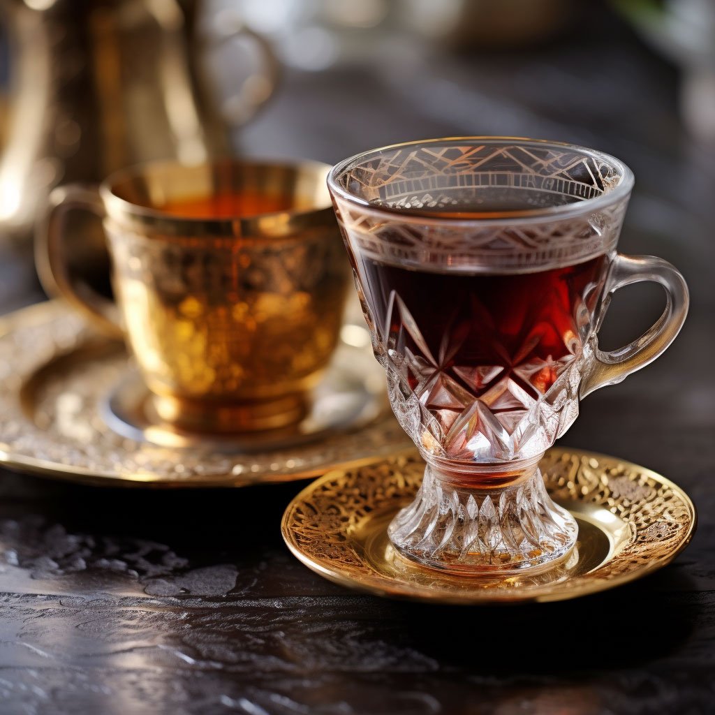 A traditional tulip-shaped glass of Turkish tea and a cup of Turkish coffee.