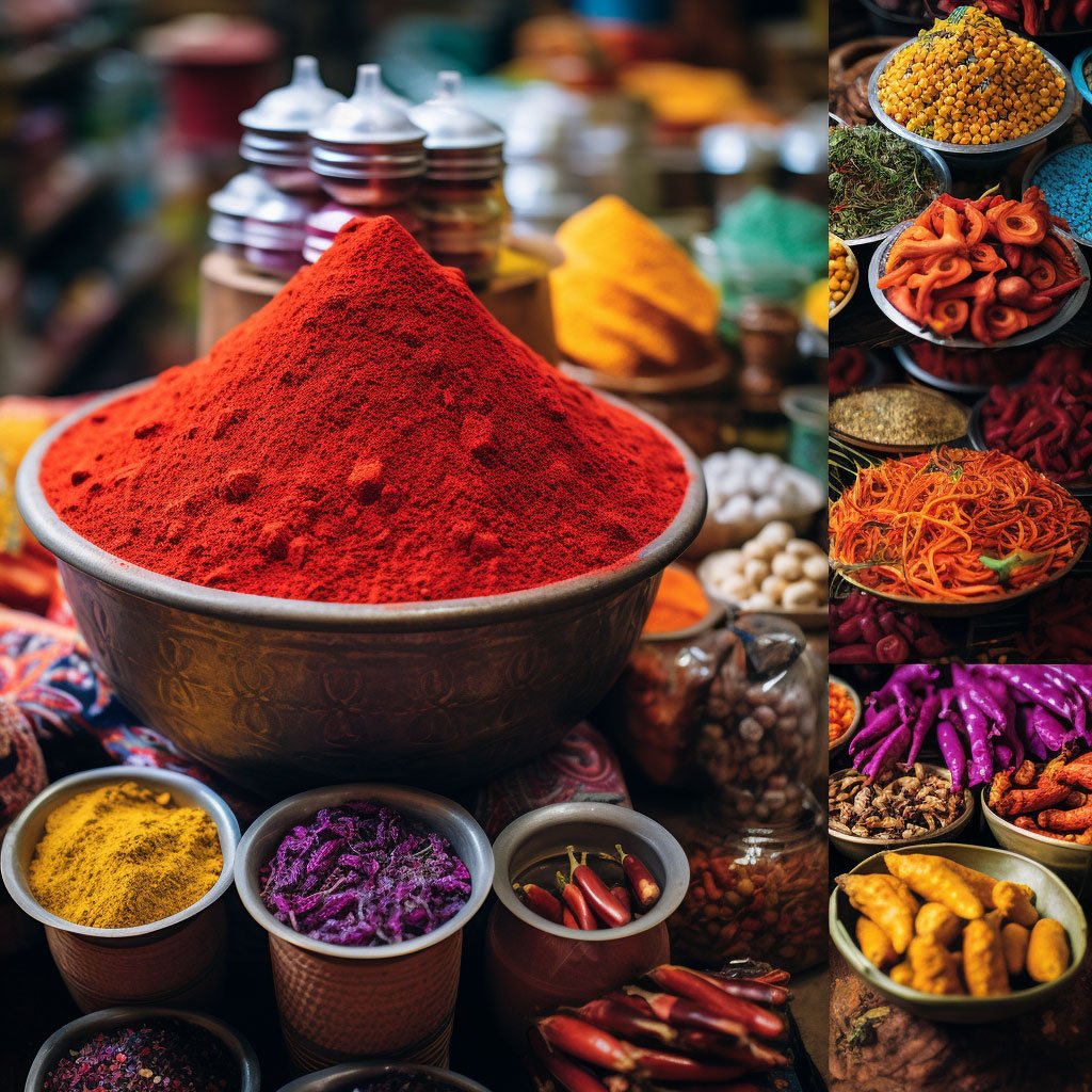 A vibrant collage featuring key elements from each market: a handful of colorful spices from Beringharjo Market, a beautifully carved artifact from Ubud's Art Market, and a delicious street food dish from Pasar Baru in Jakarta.