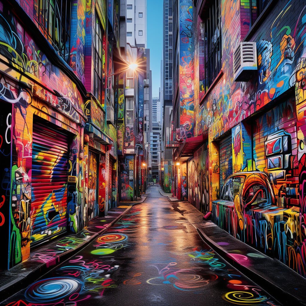 A vibrant image of Melbourne's famous street art, particularly from the ever-evolving Hosier Lane or AC/DC Lane.