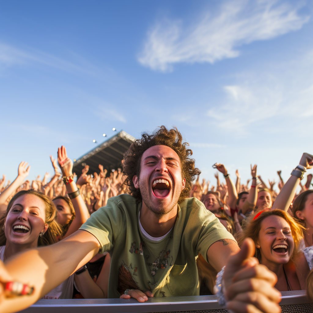 A vibrant scene from NOS Alive music festival, capturing the energetic crowd and the performing artists.