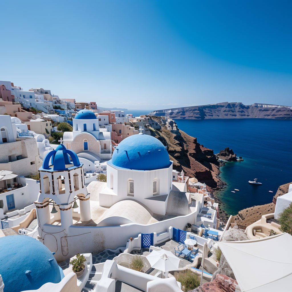 A view of the whitewashed houses and blue domes in Santorini, capturing the island's enchanting beauty.