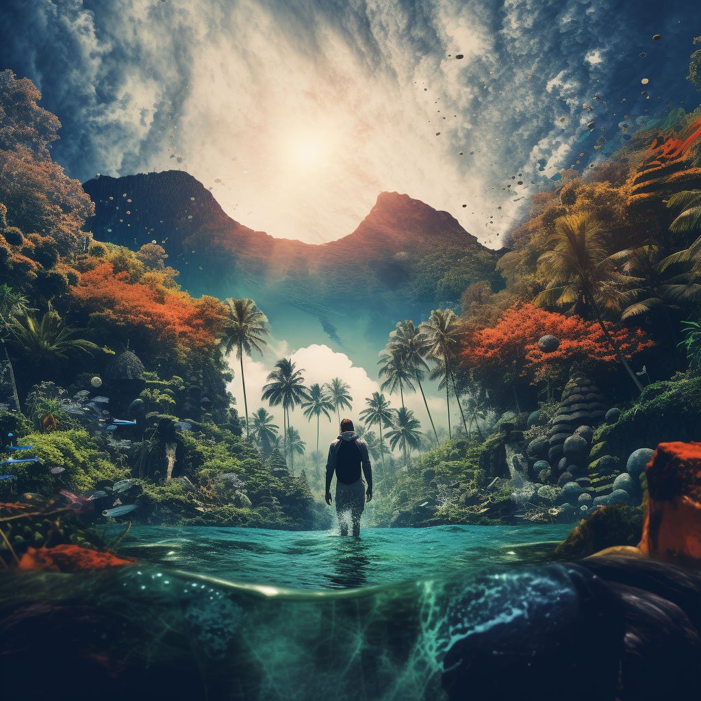 An action-packed collage featuring a diver exploring the colorful coral reef, a surfer catching a wave in Bali, the silhouette of a trekker on the summit of Mount Rinjani, and the stunning cascade of a hidden waterfall.
