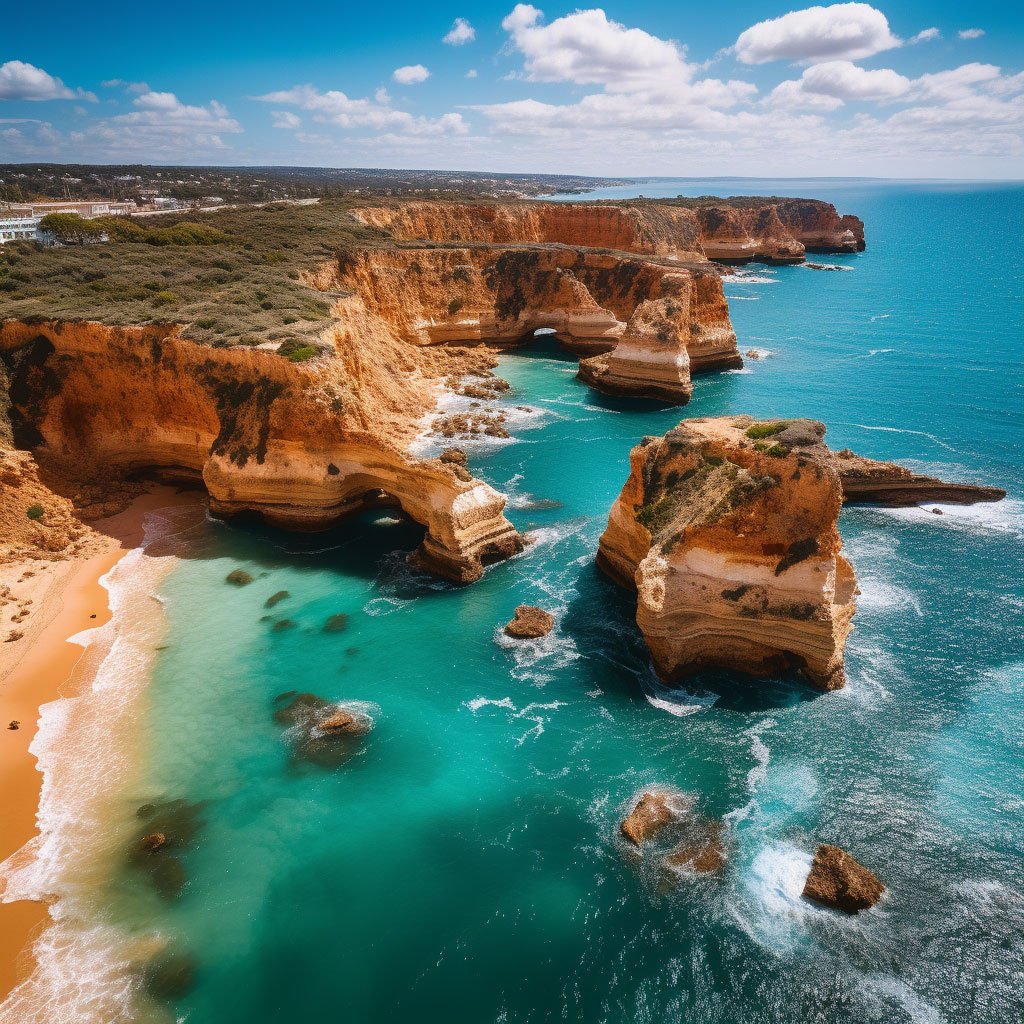 An aerial view of the Algarve coastline showing the golden cliffs and turquoise waters.