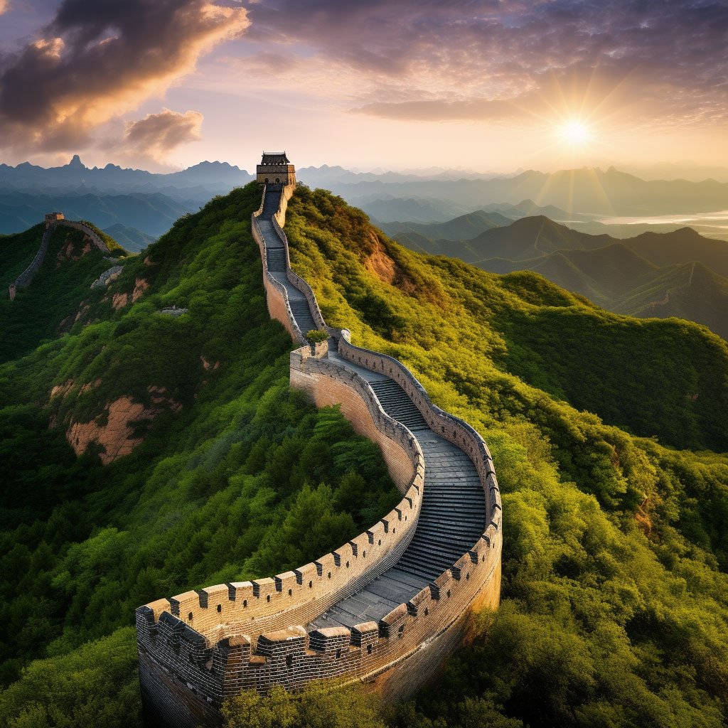 An aerial view of the Great Wall winding through the mountains, preferably during sunrise or sunset to capture the beautiful lighting.