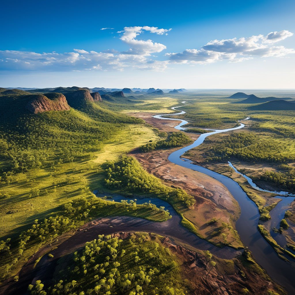 An aerial view of the diverse landscapes of Kakadu National Park.