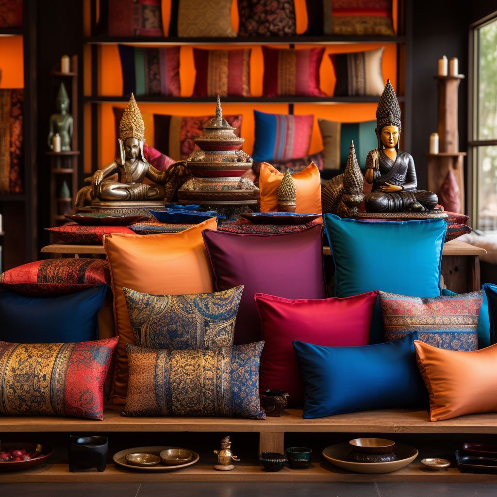 An array of vibrant Thai silk textiles and intricate Sukhothai pottery pieces. 