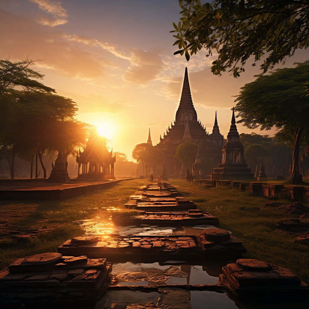 An atmospheric image of the historical park of Ayutthaya or Sukhothai, preferably at sunrise or sunset.