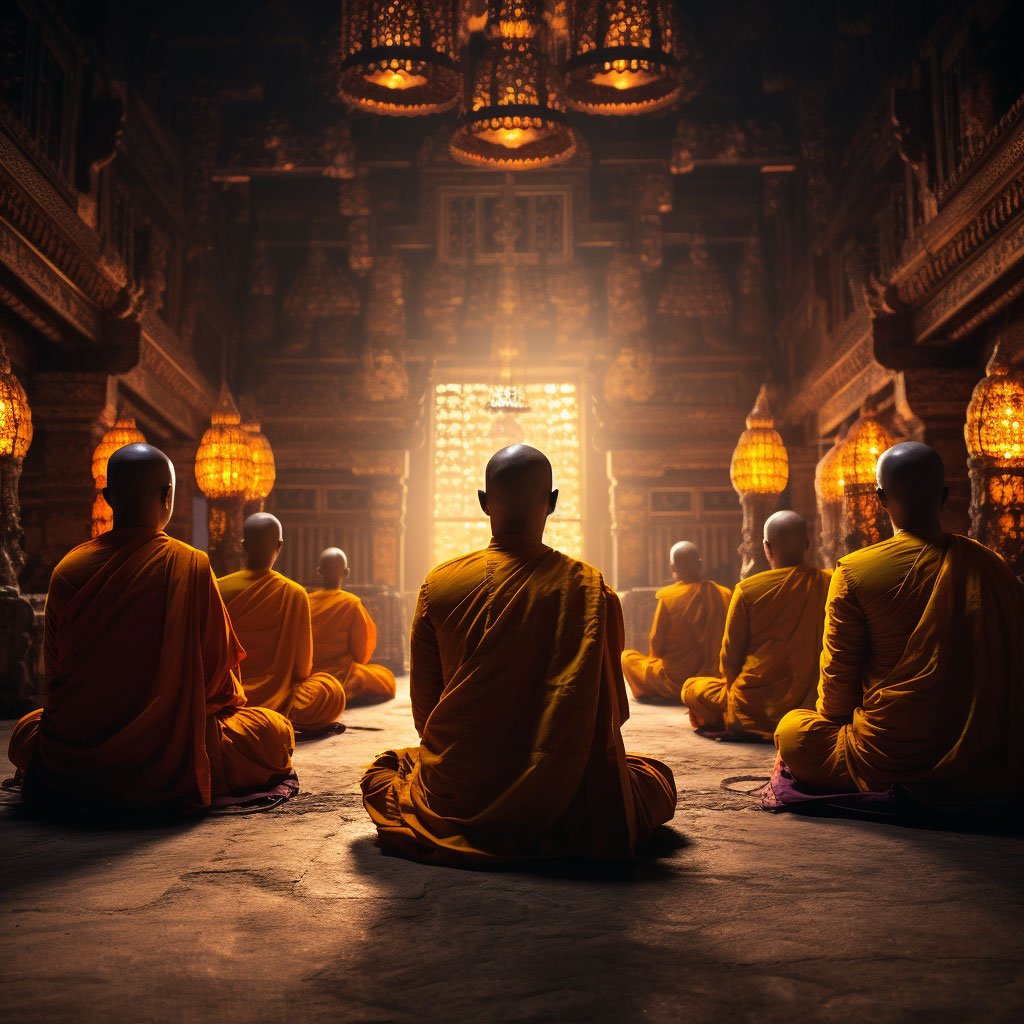 An evocative image of Buddhist monks in their saffron robes, meditating or praying in a temple.