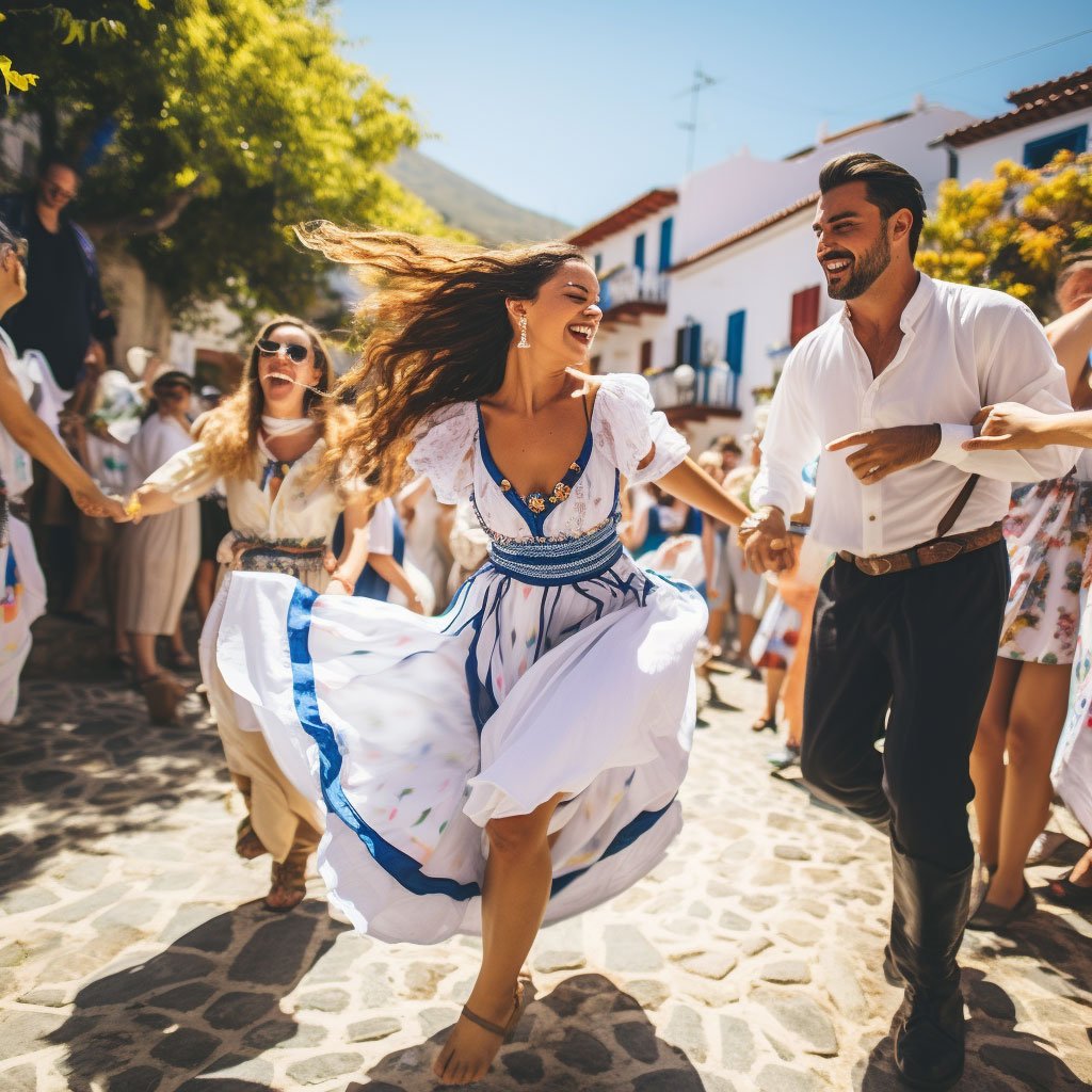 An image capturing the vibrant atmosphere of a Greek festival, with locals dressed in traditional attire, dancing, and celebrating.