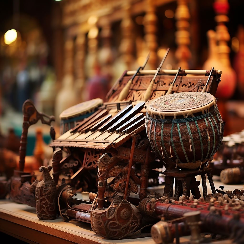 An image featuring traditional Indonesian musical instruments, such as the gamelan or angklung. This would highlight the unique sounds and musical traditions of Indonesia.