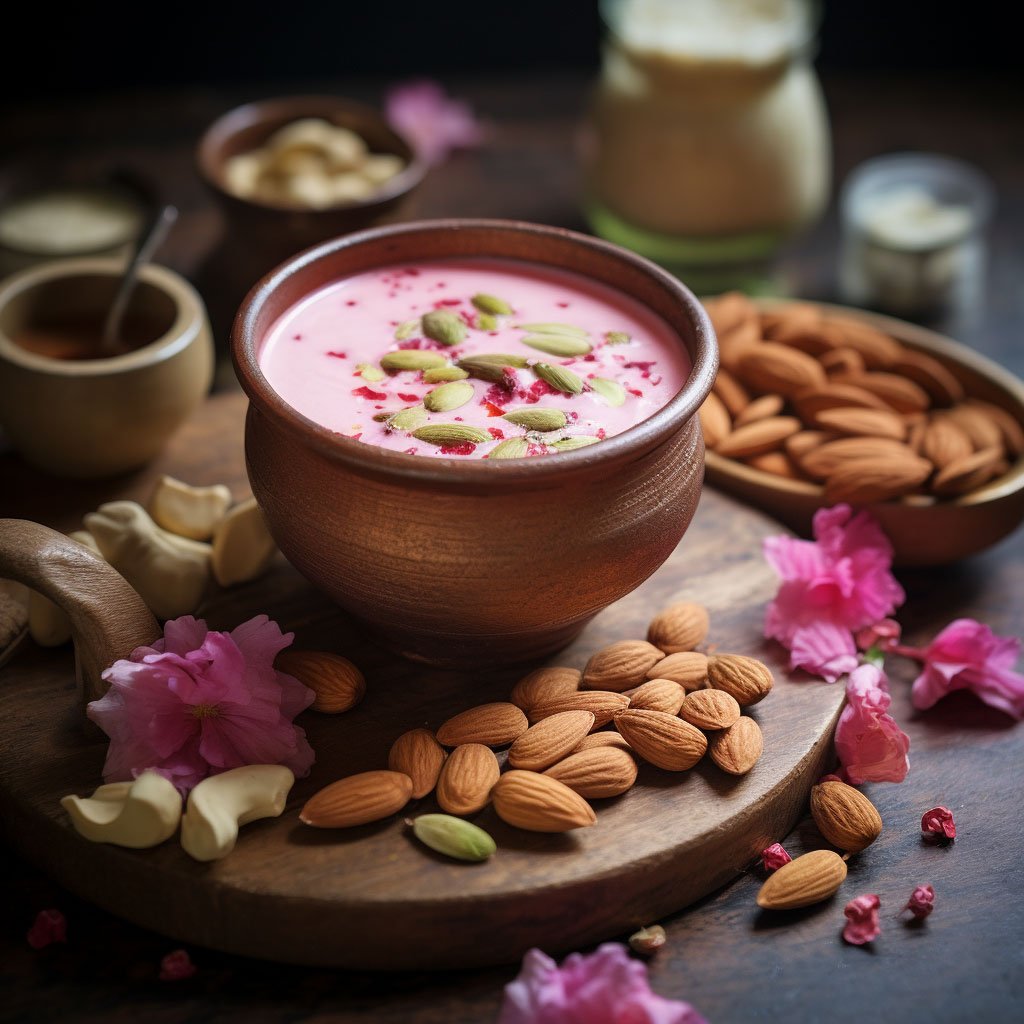 An image of Kashmiri chai being prepared, showcasing its unique pink color and the addition of ingredients like cardamom, almonds, and pistachios.