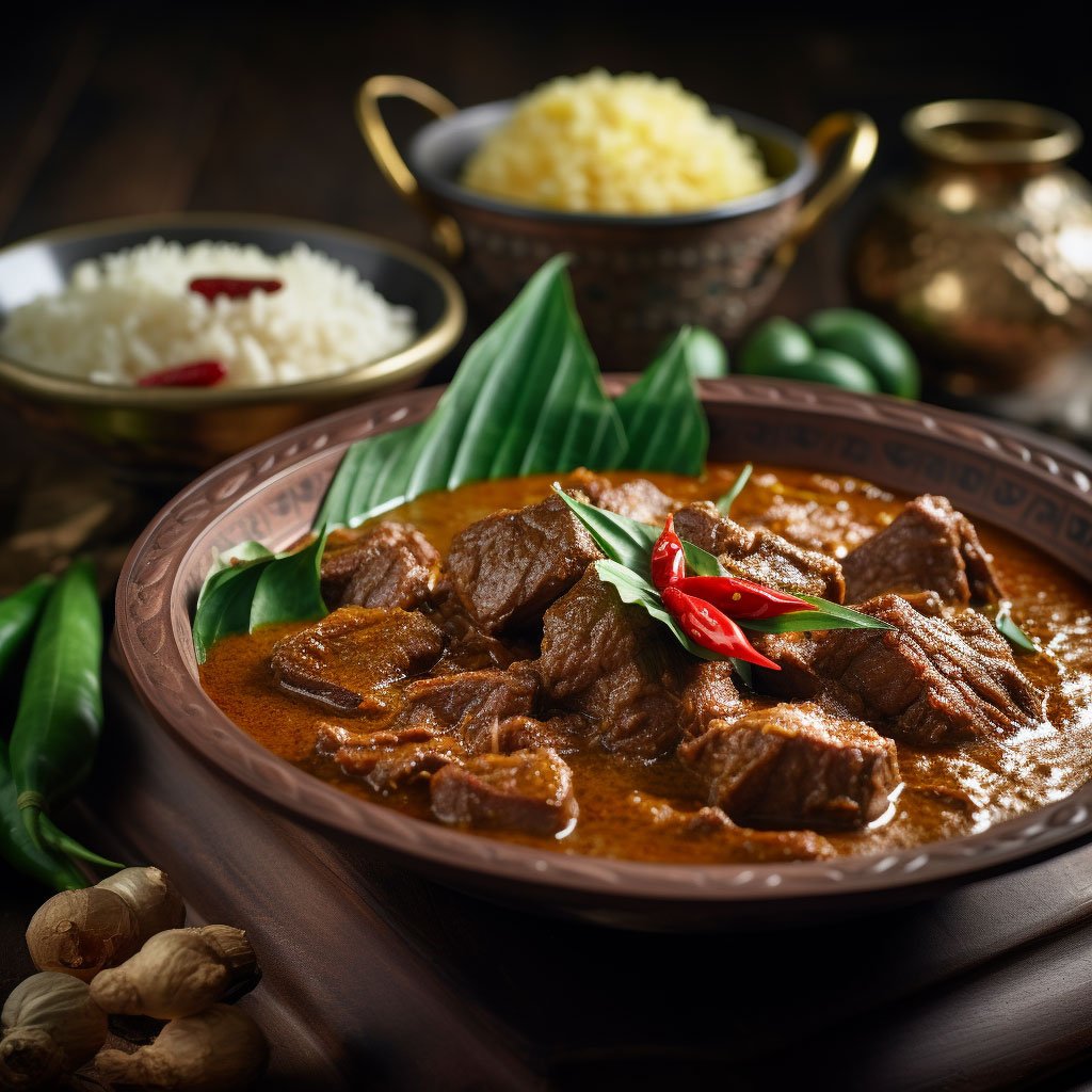 An image of Rendang, the famous slow-cooked beef curry from Padang, served in a traditional Indonesian setting.