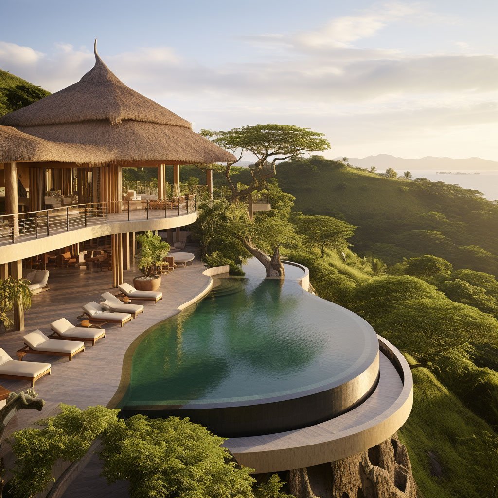 An image of a secluded wellness resort in Indonesia, like Nihi Sumba, with a focus on the natural surroundings.