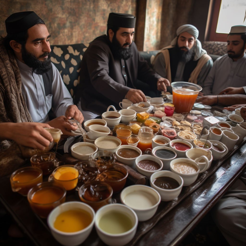 An image of a tea tasting session in Pakistan, with various types of chai being sampled.