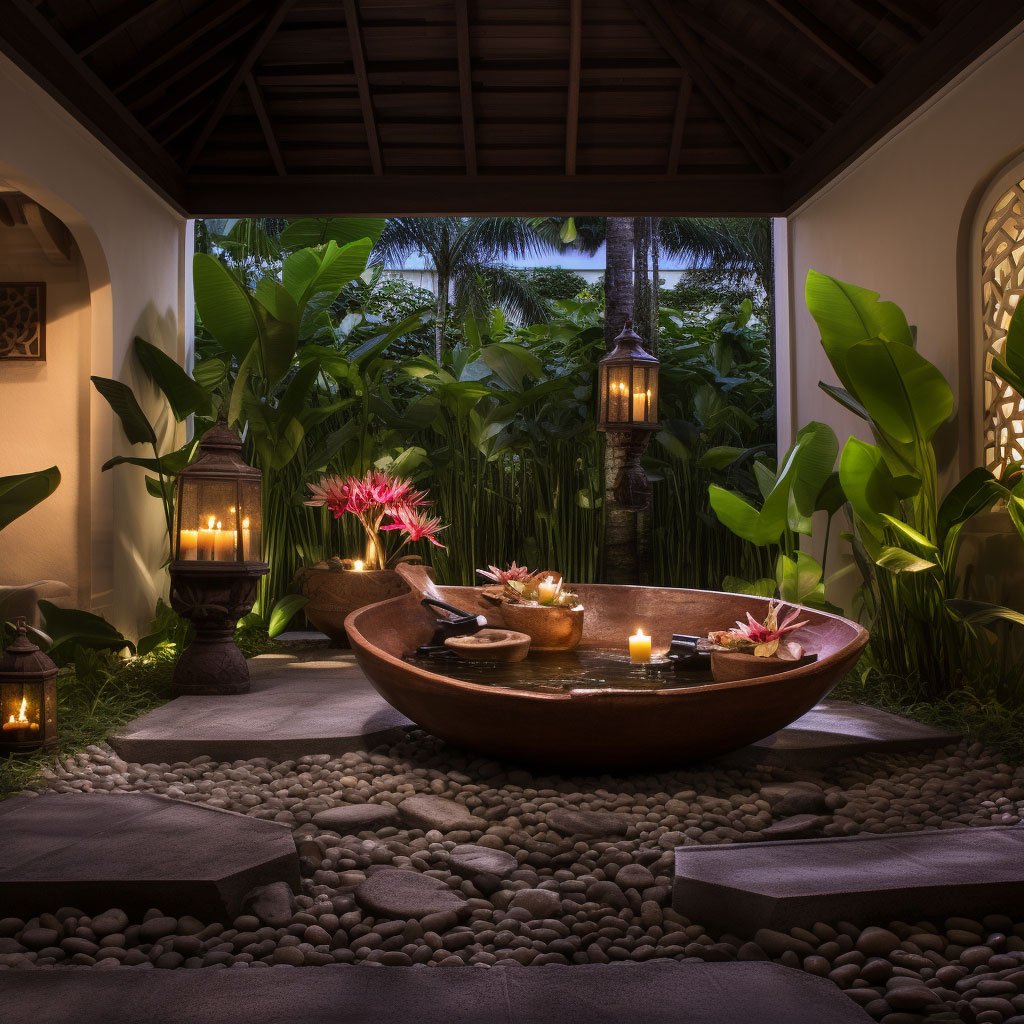An image of a traditional Balinese spa setting, with essential oils, a foot bath, and a body scrub in view.