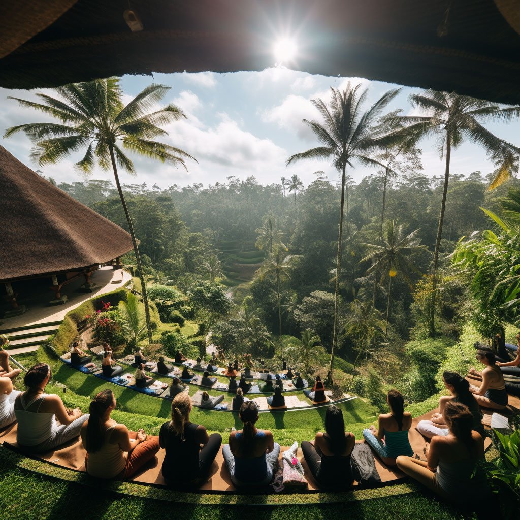 An image of a yoga session in progress amidst the green expanses of Ubud.