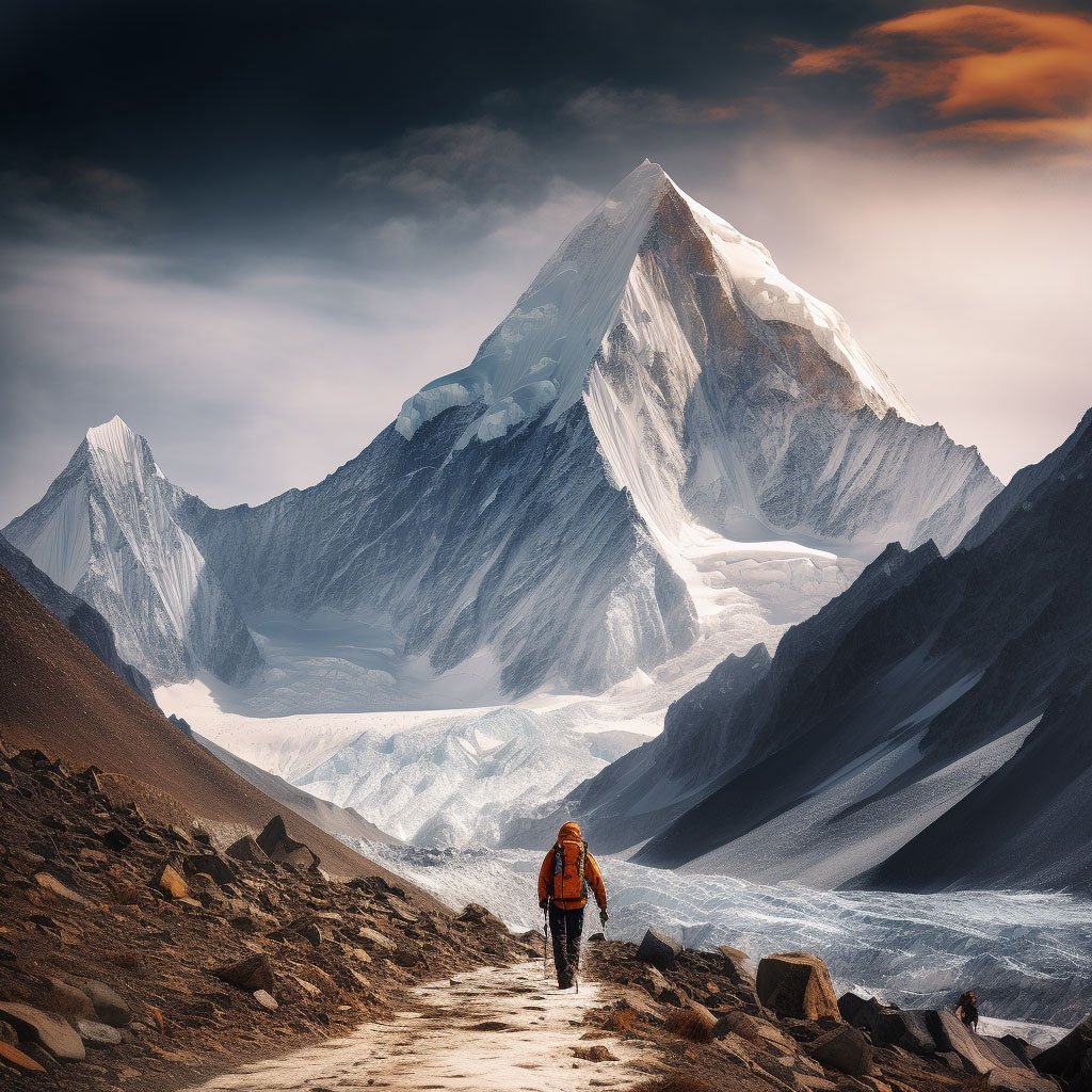 An image of hiker trekking the rugged terrains of the Karakoram range with the majestic K2 in the background
