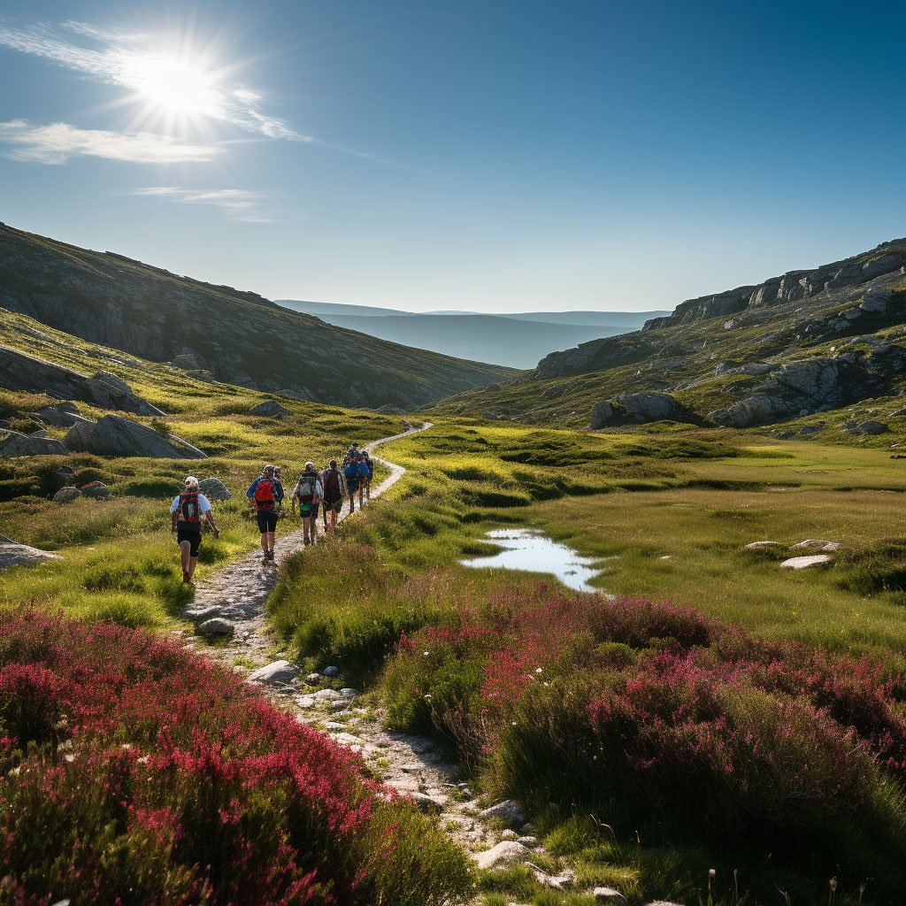 An image of hikers exploring the trails of Serra da Estrela, passing through ancient glacial valleys or fields of wildflowers.