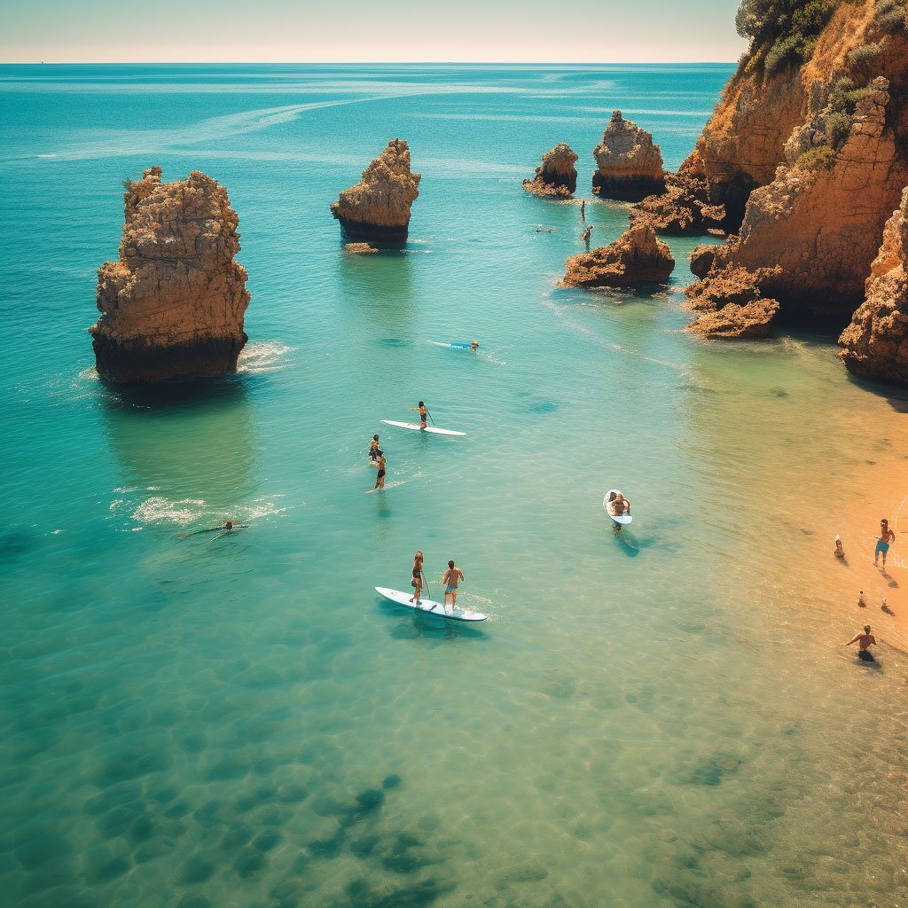 An image of surfers or paddleboarders enjoying water sports at one of Algarve's beaches.