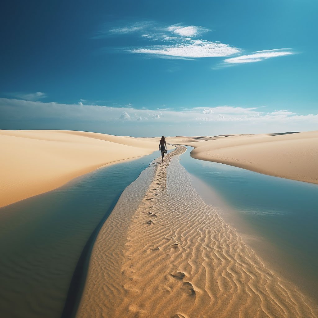 An image of you engaging with these environments in a respectful way, such as observing wildlife from a distance or walking through Lençóis Maranhenses National Park without disturbing the environment.