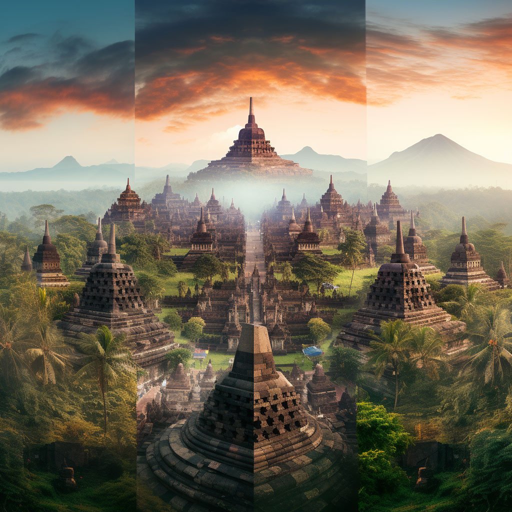 An image showcasing a collage of Indonesia's UNESCO World Heritage Sites, including Borobudur and Prambanan temples and the cultural landscape of Bali.
