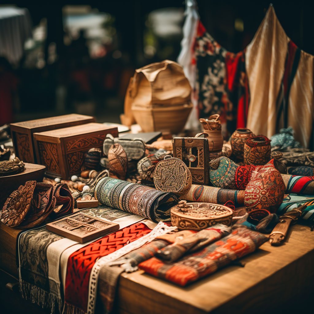 An image showcasing a variety of Indonesian handicrafts and textiles, such as batik, wood carvings, and Ikat weavings.