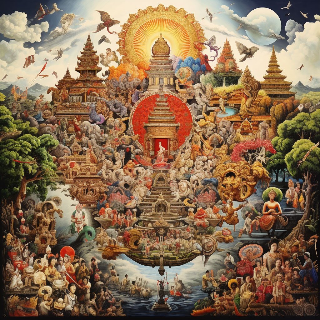 An image showcasing the diversity of Indonesian culture, perhaps a collage of different religious symbols or ceremonies.