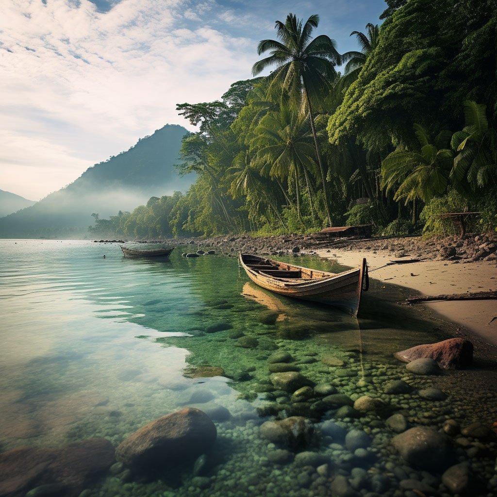 An image showcasing the serene landscapes of Indonesia, perhaps a tranquil beach or a lush forest.
