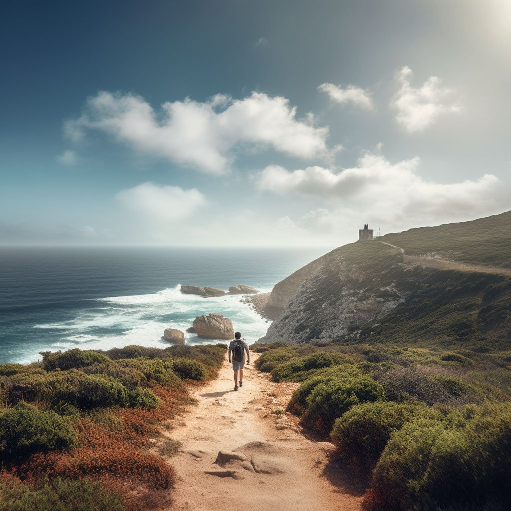 An image that captures the spirit of adventure in Portugal's natural landscapes, such as a hiker on a trail in the Serra da Estrela or a surfer on a beach in the Algarve.