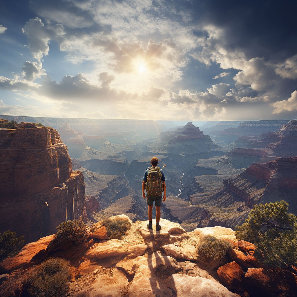 An image that captures the spirit of adventure in USA's natural landscapes, such as a hiker on the Grand Canyon
