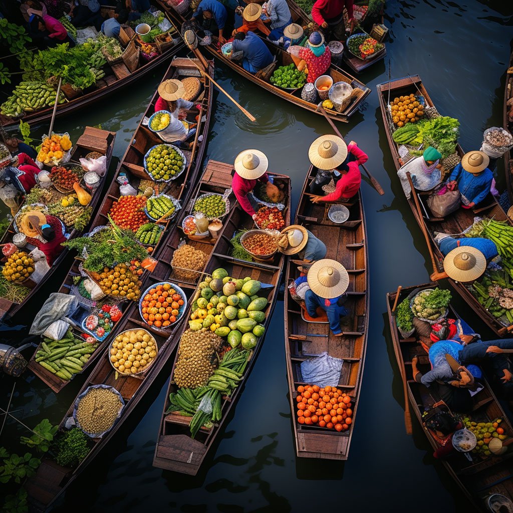 An overhead shot of a colorful, bustling market in Thailand, with a section of a floating market also visible. 
