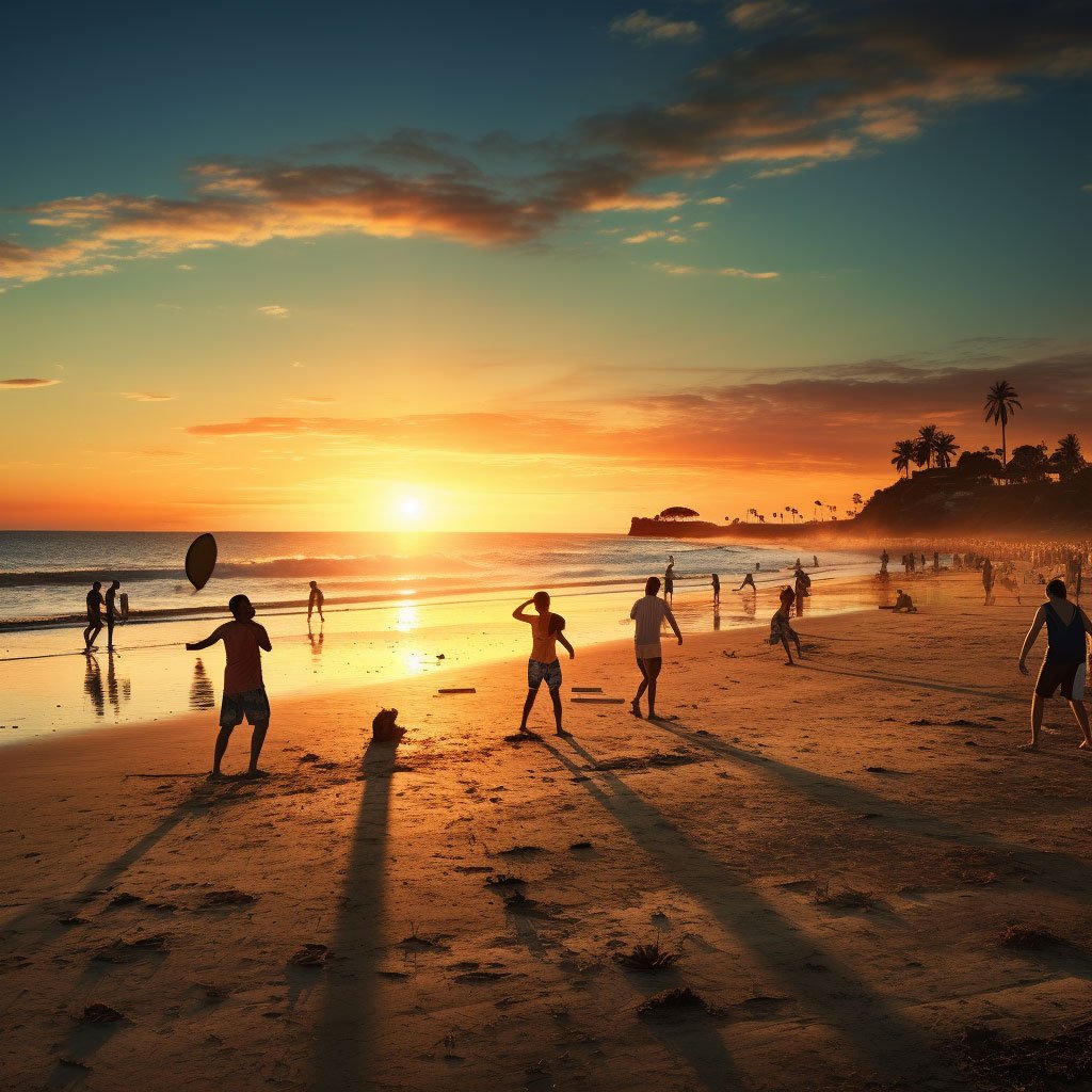 Beach cricket barbecue sunset scenes