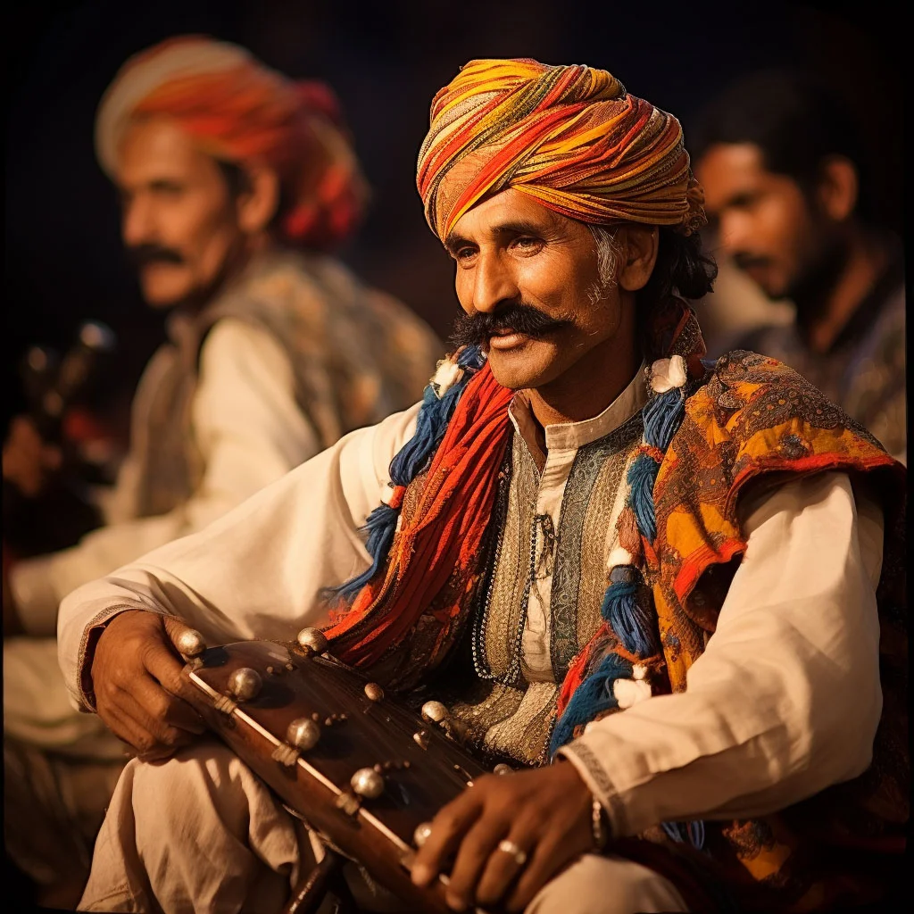 Images of Qawwali performances, Sindhi folk music and dance, Pashto music with Rabab instrument, Balochi folk music, and Punjabi folk dances like Bhangra and Luddi.