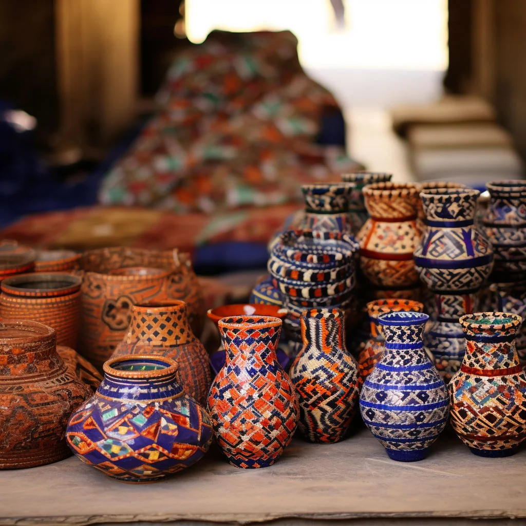 Images of Sindhi Ajrak, Balochi embroidery, Swati woodwork, and Multani blue pottery.