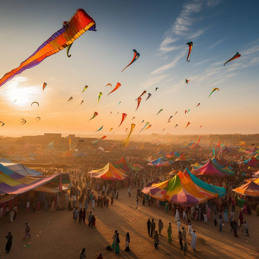 Images of colorful kites in the sky, people engaged in kite-flying, and nighttime celebrations with lanterns and Punjabi dhol.