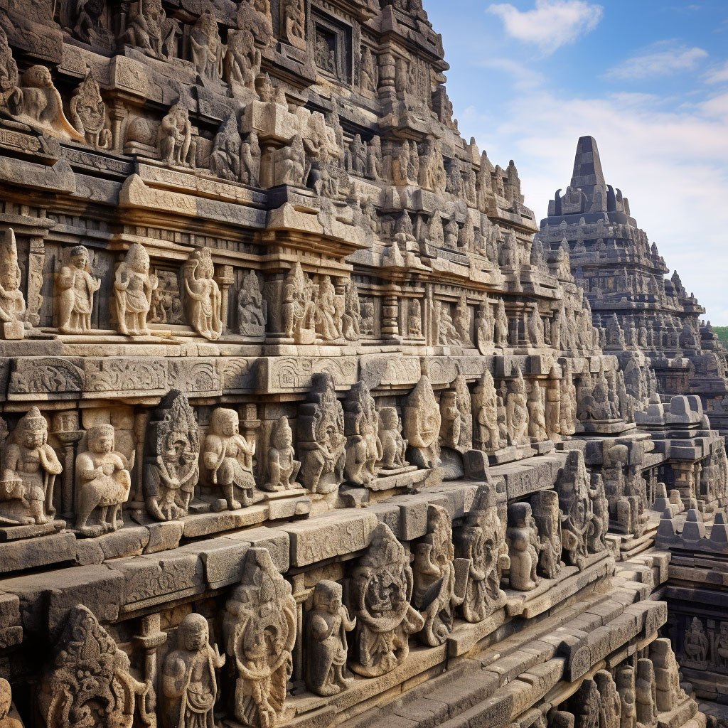 Images of the remnants of ancient Indonesian kingdoms, such as the majestic Borobudur temple or the intricate reliefs of Prambanan.