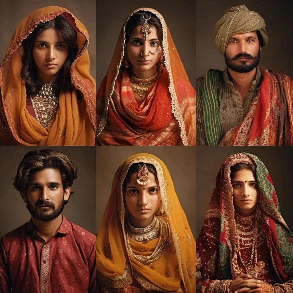 Images showcasing the diversity of Pakistani ethnic groups. This include images of Punjabis, Sindhis, Pathans, Baloch, and Saraikis in their traditional attire or participating in their unique cultural practices.