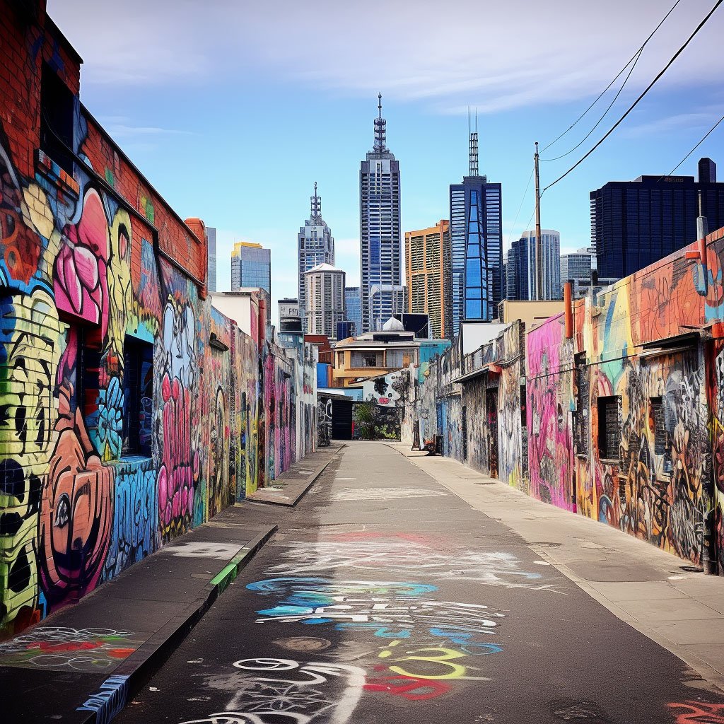 Melbourne skyline, street art, laneways, Queen Victoria Market.