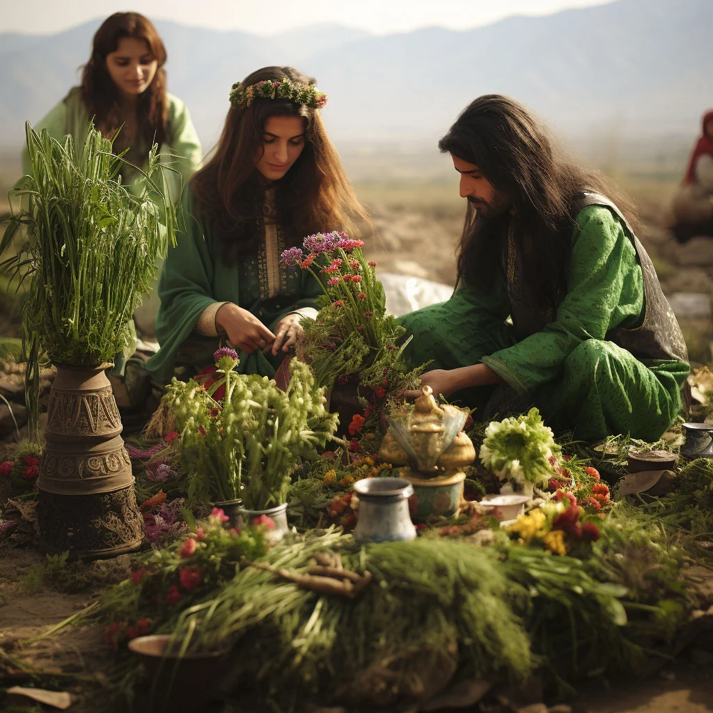 Images of 'Haft Seen' table setting, people cleaning their homes, and participating in outdoor activities to celebrate Nowruz.