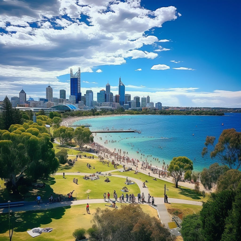 Perth skyline, Kings Park, Elizabeth Quay, Cottesloe Beach.