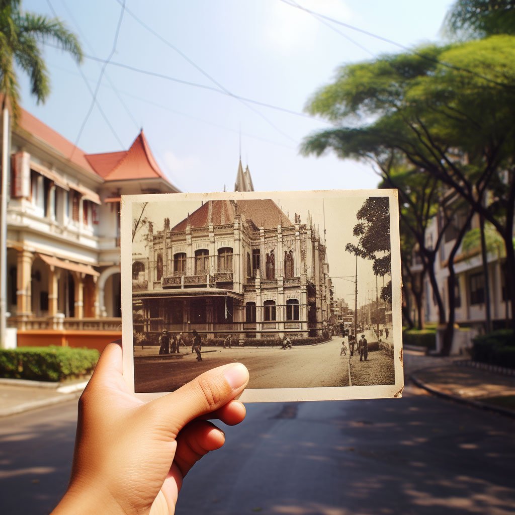 Photos of historical sites from the Dutch colonial era, like the Jakarta Old Town and the Bandung City Hall.
